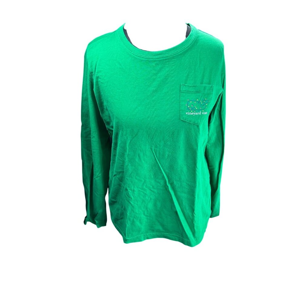 Vineyard Vines Womens Green Long Sleeve Tee Happy Holidays Whale Lights S 100% C